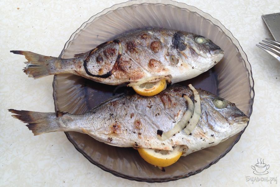 Дорадо с луком и лимоном на углях